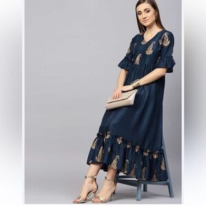 Libas Women Navy Blue & Golden Block Print Maxi Dress
